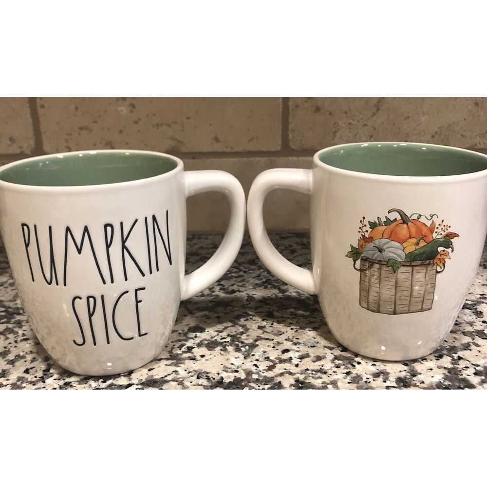 New Rae Dunn PUMPKIN SPICE Mug Double Sided Fall Green Interior LL Autumn Basket